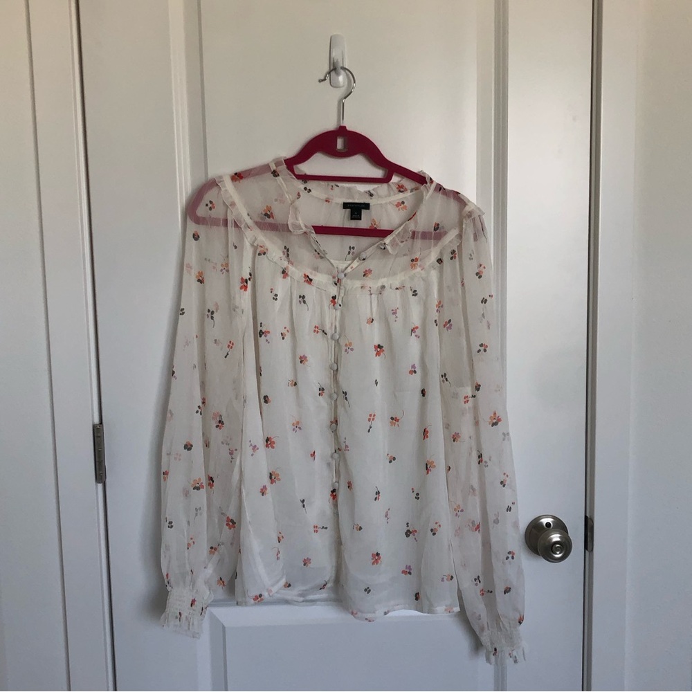 Ann Taylor White Chiffon Balloon Sleeve Floral Blouse Shirt